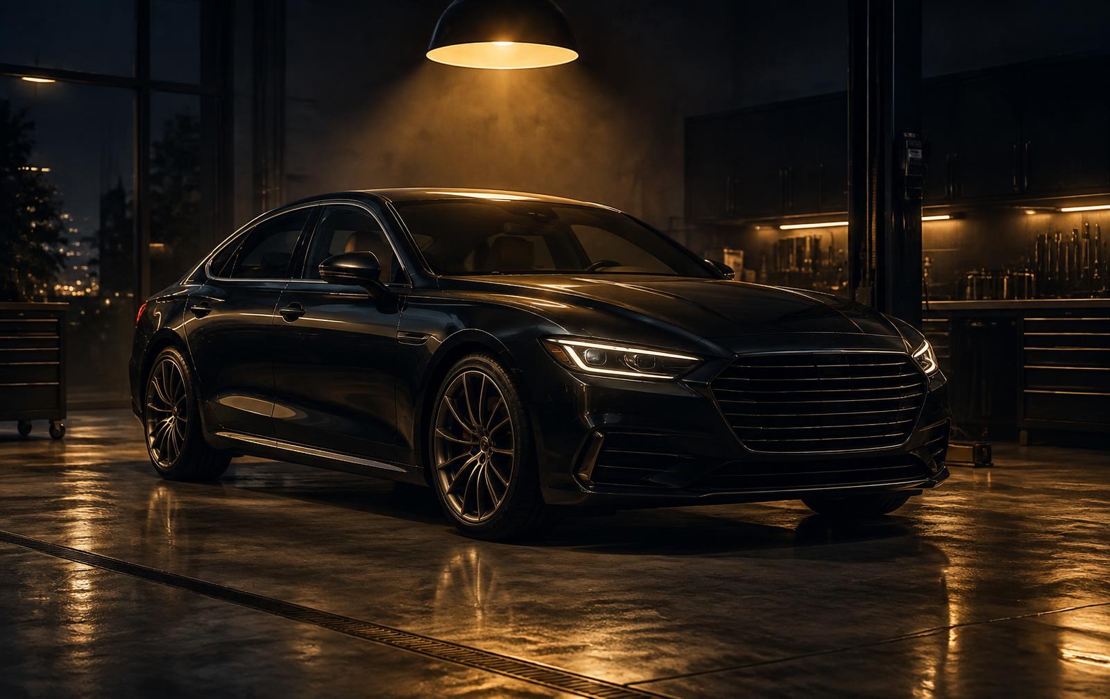 A black European performance car in a dark service setting